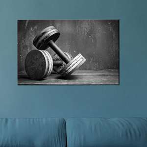 Tableau sur toile imprimé : haltères noir et blanc, décoration murale pour salle de sport, 1P : encadré - Product Image 1