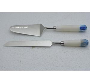 Juego de servidor de cuchillo de pastel de acero inoxidable puro de buena calidad para fiestas de boda juego de servidor de cuchillo diseño personalizado fabricante hecho a mano - Product Image 1