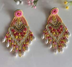 Ensemble de collier et de boucles d'oreilles longues en broderie de perles faites à la main, bijoux de fête pour femmes au meilleur prix, boucles d'oreilles en perles - Product Image 3