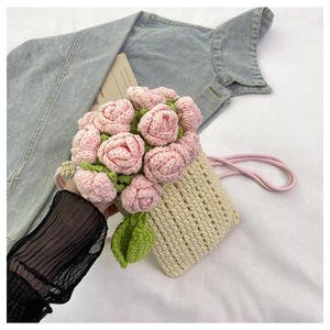 Crochet <b>Sweet</b> Woven Finished <b>Flower</b> Mobile Phone Bag Women's Fashion Crossbody Handmade Shoulder Bag Polyester Drawstring - Product Image 6