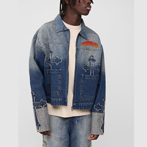 Venta al por mayor por encargo precio asequible Vintage Jean abrigos personalizado bordado Patchwork Logo Crop Top Denim Fade chaqueta para los hombres - Product Image 1