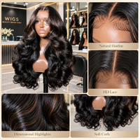 Superbe perruque en cheveux humains 13x6 HD Lace Front, noir naturel avec mèches brunes, ondulations souples, pré-épilée, sans colle, pour femme