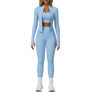 Ensemble de yoga 3 pièces de haute qualité pour femmes, couleur unie, écologique, léger, respirant, haut de sport personnalisé, vêtements d'entraînement - Product Image 1