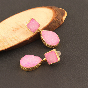 Latest Newest Collection Natural pink Sugar Druzy Gold Plated crocodile Textured Push <b>Back</b> Stud Dangle Earring for Women Jewelry - Product Image 5