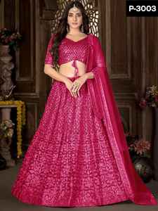 Conjunto de mujer étnica india Red de trabajo de cadena pesada con crepé interior Lehenga Choli y Dupatta Estilo de ropa pakistaní - Product Image 3