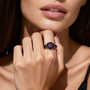 Bague Jeulia Vintage noire torsadée avec fleur ronde taillée en violet - Product Image 5