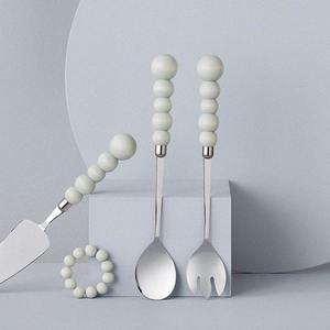 Couverts à poignée de feuille ensemble de service de salade en acier inoxydable or ensemble de service de barre de salade ensemble de service de nourriture poignée rustique en bois - Product Image 5