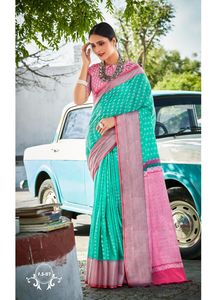 Sari en lin et soie pour un look de mariage de rêve, tenue de soirée, mariage indien, dernier modèle de sari tissé avec des broderies en zari, avec un chemisier, vêtements pour femmes - Product Image 6