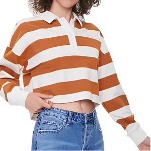 Striped Long Sleeve Crop <b>Polo</b> Shirt <b>Men's</b> Casual Woven Button Front Orange <b>White</b> Design - Product Image 1