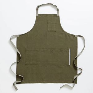 Tablier de cuisine vert olive en coton tissé, style simple avec poches, lavable en machine, pour usage quotidien - Product Image 1