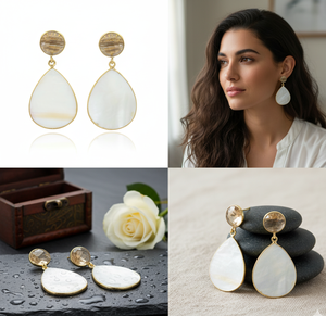 Elegantes pendientes de gota de piedras preciosas Smokey y nácar, joyería hecha a mano chapada en oro de 18 quilates para mujeres y niñas - Product Image 4