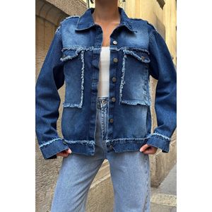 Escite da donna giacca in Denim con nappa a doppia tasca con Design unico - Product Image 5
