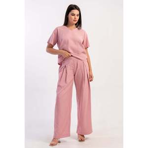 KADIN KIBRIS V YAKA KISA KOL BLUZ CEPLI PILI KASELI BOL PANTOLON TAKIM - สีชมพู - สีชมพู - Product Image 2