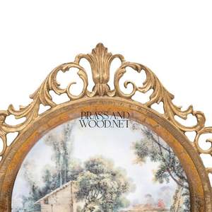Art mural en laiton antique avec cadre ajouré orné et peinture sur porcelaine paysage au design vintage élégant - Product Image 2