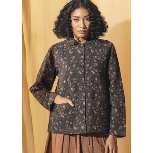 RUTVI Quilted <b>Linen</b> <b>Black</b> Floral <b>Jacket</b> for Ladies Embroidered Boho Outerwear Leather Polyester Cotton Soft XL Spring Autumn - Product Image 1