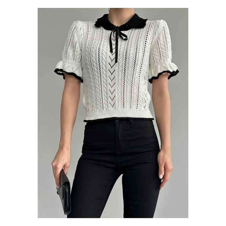 Women's Baby Collar Openwork Ecru Blouse