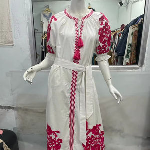 New Boho Embroidered <b>Linen</b> <b>Maxi</b> <b>Dress</b> 100% Cotton Short Sleeve Casual Ukrainian Style Ghana Trendy Long Washable Natural - Product Image 1