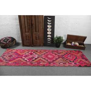 Vintage Rug, <b>Runner</b> 3.1x9.1 ft Rug, Herki <b>Red</b> Abstract Rug - Product Image 3