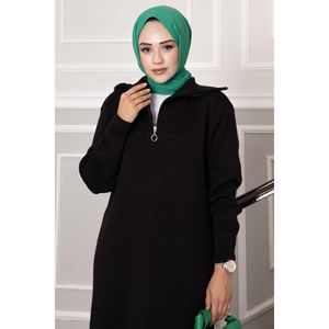 Noir col roulé fermeture éclair robe en tricot bouton décoration a-ligne décontracté laine ODM Simple à la mode pour toutes les saisons naturel - Product Image 1