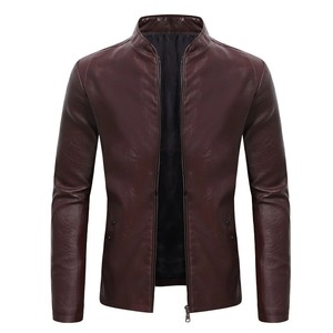 Nouveau hommes d'affaires décontracté mince à manches longues en cuir Pu veste veste couture latérale poche fermeture éclair couleur unie - Product Image 3