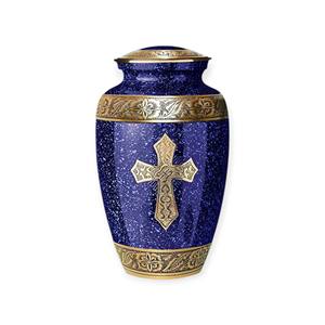 Urne funéraire texturée violet foncé avec accent croix argentée et bordures gravées ornées pour une commémoration paisible - Product Image 5