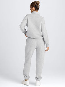 เสื้อสเวตเตอร์สีเทาของผู้หญิงชุด2ชิ้นเสื้อสเวตเตอร์แบบสวมหัวซิปครึ่งเดียวมีกระเป๋าระบายอากาศ - Product Image 5