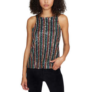 Sanctuary Women's Straight Silhouette Sequined Striped <b>Spaghetti</b> <b>Strap</b> Scoop Neck Top Black X-Large Size - Product Image 1