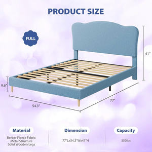 TRIHO-HB-062 Upholstered Full Size <b>Bed</b> Frame for Kids <b>with</b> Scallop Headboard, Cute Velvet Full <b>Bed</b>, Sturdy Platform <b>Bed</b> - Product Image 2
