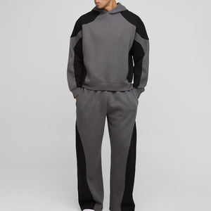 ชุดวอร์มผู้ชายคุณภาพสูง สไตล์วินเทจ สำหรับฤดูหนาว มีฮู้ด สีเทา-ดำ แบบสองชิ้น ระบายอากาศได้ดี ดีไซน์ตัดต่อสี - Product Image 3