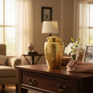 Cercueil funéraire classique en laiton doré de style européen, poli miroir, 200 pouces cubes, écologique, durable et personnalisable - Product Image 3