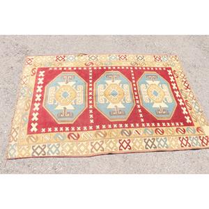 พรมวินเทจตุรกี ขนาด 4x6 ฟุต พรมลายทางสีแดงน้ำเงิน ทำจากขนสัตว์ - Product Image 3