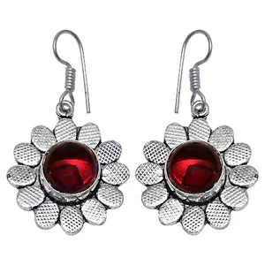 Flower Shape Drop <b>Earrings</b> with <b>Garnet</b> Stone 925 Silver Classic Style Antique Silver Plated for Women Wedding Jewelry - Product Image 1