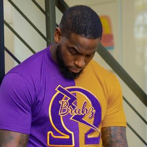 Mezza oro viola Omega Bruhz stile greco ciniglia ricamo Tee Custom confraternity abbigliamento all'ingrosso camicia di cotone da uomo - Product Image 2