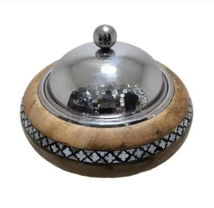 High-End Food Warmer Serving Hotpot with Mother of Pearl Wood Dome Premium Metal Casserole for Luxury Dining and Event Use - Product Image 1