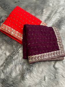 Sari de Seda Georgette Pura con Blusa Bordada de Gujarat para Mujer, Exportado por R & D - Product Image 3