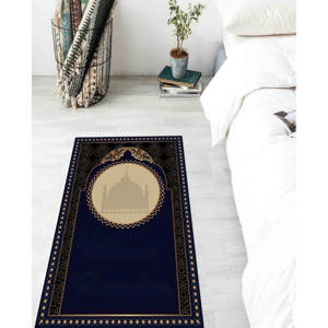 พรมละหมาดสีน้ำเงินกรมท่า: แต่งขอบสีทอง, ซักเครื่องได้, ของขวัญสำหรับชาวมุสลิม, พรมขนนุ่ม - Product Image 1