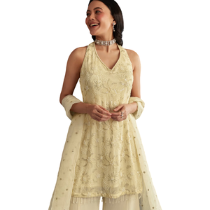 Georgette ivoire Kurta Palazzo sertie avec Dupatta vente en gros de vêtements ethniques pour femmes OEM usine fournisseur en vrac tenue de mode personnalisée - Product Image 2
