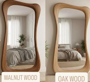 Miroir mural rond de style Art déco, léger, écologique, fait à la main, avec cadre en bois massif de noyer rustique - Product Image 4