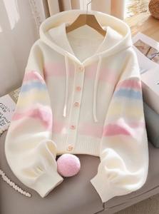 Best Selling 2025 New <b>Women's</b> High-End Hooded Knitted <b>Cardigan</b> Top <b>White</b> Block Lazy Style with Anti-Pilling Feature for Winter - Product Image 3