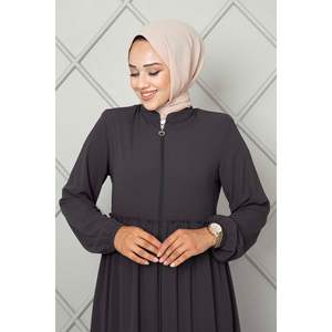 ผ้าซาตินสีควันบุหรี่อาบายาแบบเรียบง่ายลายดอกไม้มีระบายทรงตรงแขนกุดขนาดพิเศษสำหรับมุสลิม - Product Image 3