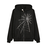 Sudadera con Capucha Negra para Hombre, con Cierre, Estampado de Telaraña, Corte Regular, Estilo Casual, 100% Algodón Tejido, para Otoño