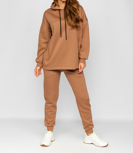 Comfort Winter Gym Sets for <b>Women</b> Oversized High Quality 400 GSM Fleece Lace Solid Two-Piece <b>Brown</b> Tracksuits - Product Image 1