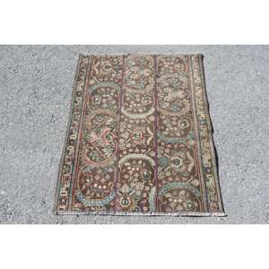 Tapis en laine turque marron et bleu vintage de 2,5 pieds x 3,2 pieds Tapis de salon design patchwork tissé à plat pour adolescents - Product Image 1