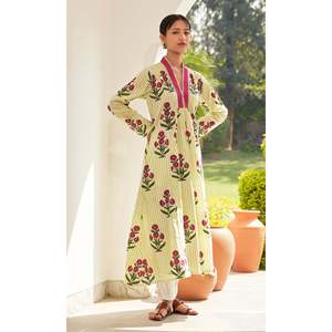 Iris Coton Néon Vert Stripe Boota Col V Kurta Robes Décontractées pour Femme - Product Image 6