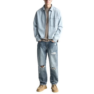 New Fashion Custom Oversized Collared Zipper <b>Cropped</b> Durable Chino Twill Cotton Overshirt <b>Denim</b> <b>Jacket</b> for Men - Product Image 3