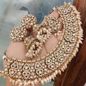 สร้อยคอเพชรอินเดียแบบดั้งเดิมที่มีคุณภาพสูงย้อนกลับพร้อมต่างหู jhumki และ maangtikka เหมาะสำหรับงานแต่งงานโอกาสพิเศษ - Product Image 1