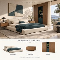 Ensemble de meubles personnalisés pour toute la maison : canapé sectionnel en tissu, lit plateforme, table basse en verre, armoires en placage de bois avec base métallique