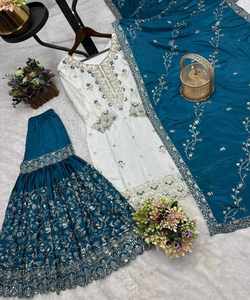 Fantaisie Chinon broderie séquence travail haut Sharara Dupatta prix le plus bas vêtements de fête en gros vêtement ethnique vêtements pakistanais - Product Image 2