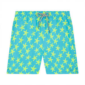 กางเกงว่ายน้ำสีฟ้าของผู้ชายกางเกงชายหาดแบบเชือกรูดแนวสตรีททันสมัยพิมพ์ลายปลาดาวนีออนน้ำหนักเบาแห้งเร็ว - Product Image 1