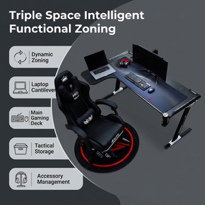 Escritorio para juegos en forma de L con superficie de fibra de carbono con LED RGB y soporte para tazas para configuración de computadora - Product Image 3